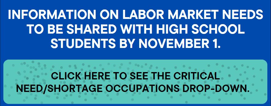 Information on labor market needs to be shared with high school students by November 1. Click here to See the Critical Need/Shortage Occupations drop-down