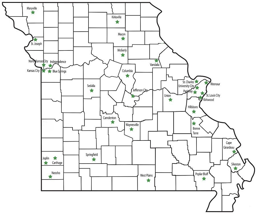 Missouri Adult Education and Literacy Program Locations: Maryville, Macon, St. Joseph, Literacy KC, North Kansas City, Independence, Kansas City, Moberly, Columbia, Sedalia, Jefferson City, Union, St. Charles, University City, Parkway, Ritenour, St. Louis City, Kirkwood, Hillsboro, Waynesville, Bonne Terre, Cape Girardeau, Joplin, Carthage, Springfield, Neosho, West Plains, Poplar Bluff