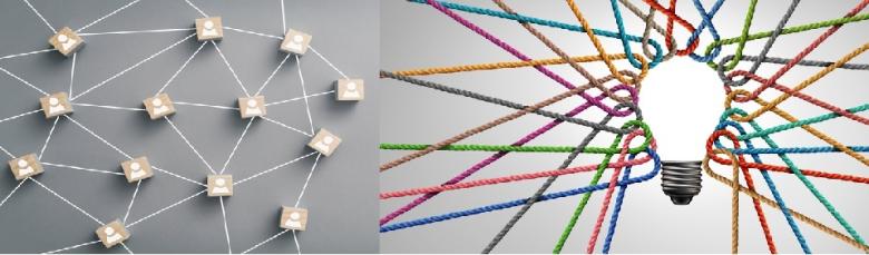 Two image box: First image shows a series of blocks connected by string. The second image shows a number of brightly colored string forming a lightbulb in the center