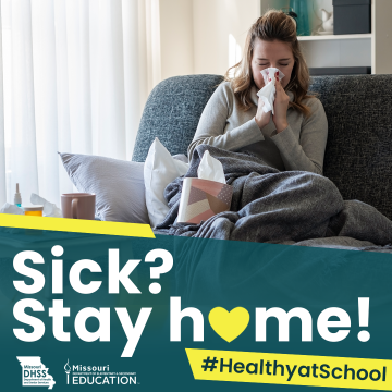Sick? Stay home! #HealthyatSchool graphic of sick female teacher