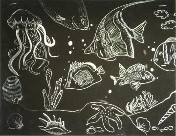White of black background of several fish, a jellyfish, other sea creatures by Alexys