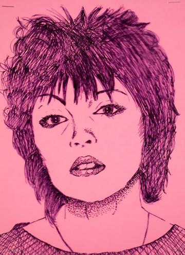An ink portrait of Pat Benatar on a pink background by Angelia