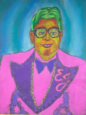 Purple and green portrait of Elton John against a blue background by Aniya