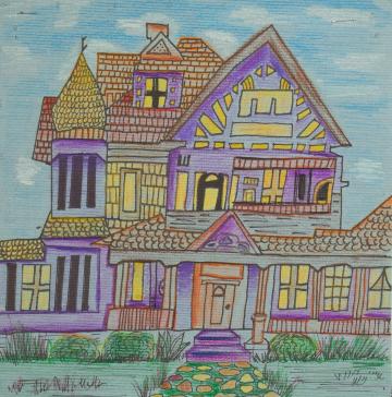 A mostly purple, yellow, and orange sketching of a large house by Antwon