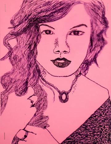 An ink portrait of Taylor Swift on a pink background by Arianna