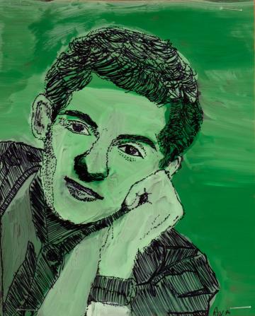 A green portrait of a man leaning his head on his closed hand by Ava