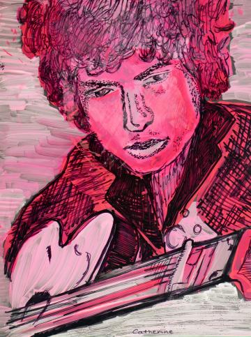 An ink portrait of Bob Dylan and his guitar with different red hues of paint by Catherine