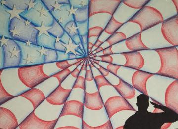 A tunnel made up of the American flag with a silhouette of a saluting soldier in the bottom right corner by Dakota