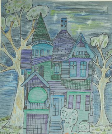 A cool-colored, large house against the backdrop of two large trees and the night sky by Daniel
