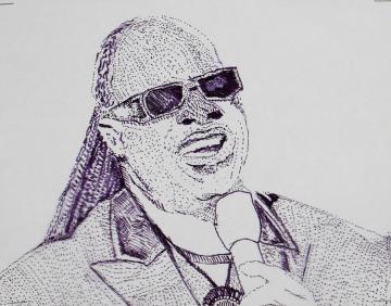 A black and white ink sketched portrait of Stevie Wonder by Deontaya