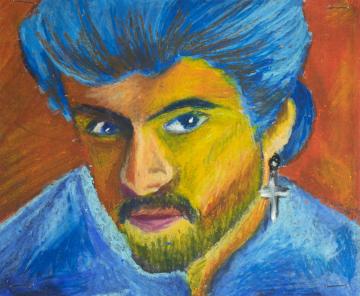 A blue and orange pastel portrait of George Michael by Genesis