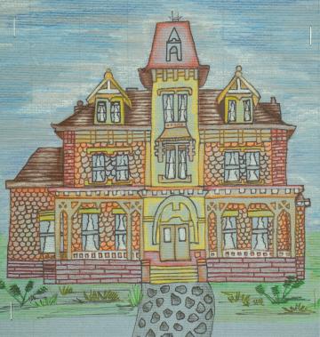 A large house of brown, orange, yellow, and red with a stone front walkway by Jennifer
