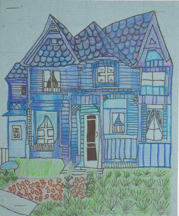 A large blue house with a lush green yard by Kailee