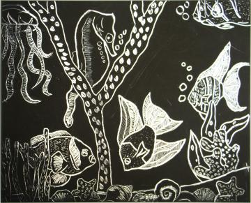 White outlines with black background of several fish, a jellyfish, other sea creatures by Kenedee