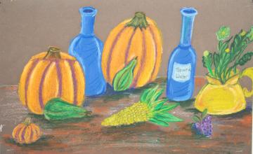 A pastel still-life of pumpkins, flowers, vases, bottles and other fall based fruits by Kennedi