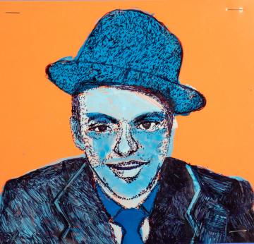 A blue portrait with ink shading and an orange background by Londyn