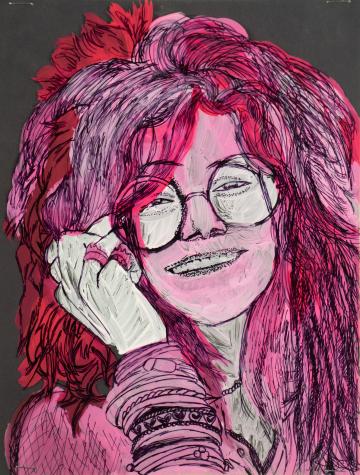 An ink portrait of Janis Joplin with different red hues of paint by Madison