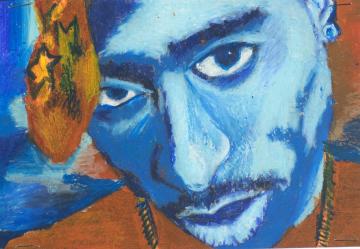 A blue and orange pastel portrait of Tupac by Meygen