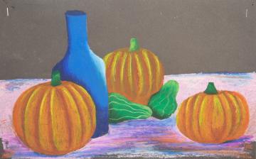 A pastel still-life of pumpkins, other gourds, and a large blue bottle by Morgan S.