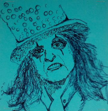 An ink portrait of Alice Cooper on teal paper by Noah