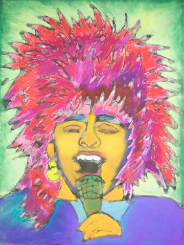 A pastel portrait of Tina Turner with vibrant red hair against a green backdrop by Penny
