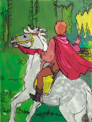 Ink on paint of Snow White's prince on horseback by Planton
