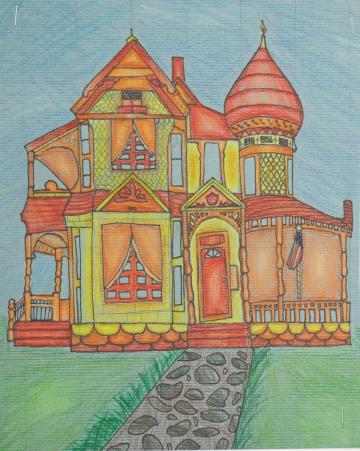 A large house of orange, yellow, and red with a stone front walkway by Sarah