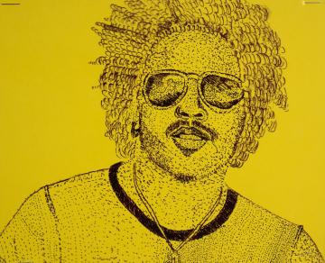 An ink shaded portrait of Lenny Kravitz on yellow paper by Stefanie