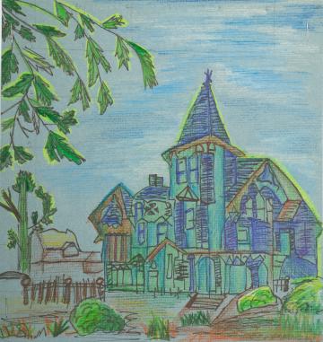 A large blue house with a tree branch in the foreground by Thomas