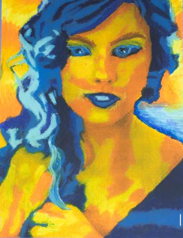 A blue, yellow, and orange pastel portrait of Taylor Swift by Arianna