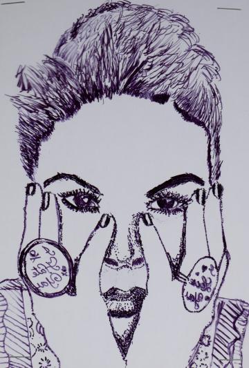 An ink portrait of someone with their face in their hands and large rings on the fingers by Bre'Ann