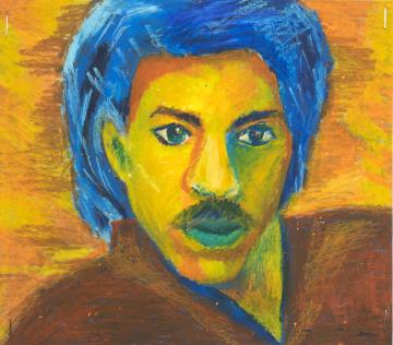 A blue, yellow, and brown pastel portrait of Lionel Richie by Brooklyn