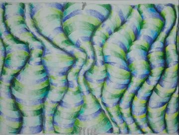 A green and blue stiped, wavy wall with a silhouette of several children on the bottom by Cecilia