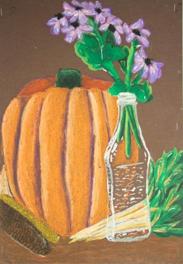 A pastel still-life of pumpkins and purple flowers in a bottle by Dakota
