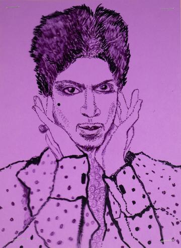 An ink portrait of Prince on purple paper by Ja'Riya