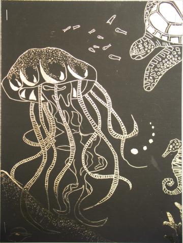 White of black background of a jellyfish, a sea turtle, and seahorse by Taylor