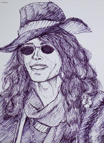 An ink portrait of someone with a brimmed hat and sunglasses by Dakota