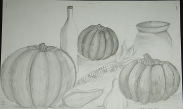 A pencil still-life of pumpkins, bottles and other fall based fruits by Imani