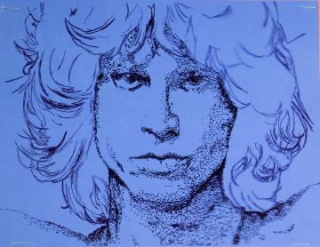 An ink portrait of Jim Morrison on blue paper by Cecilia