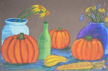 A pastel still-life of pumpkins, flowers, vases, bottles and other fall based fruits by Imani