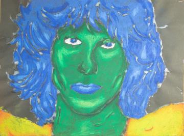 A pastel portrait of Jim Morrison with yellow shirts, green skin and blue hair by Cecilia