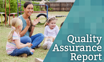 On the left half of the photo, a female teacher sits outside with two preschool-aged children.  The right half says "quality assurance report".