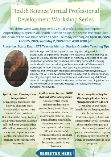2024 Health Science Professional Development Virtual Series - April 18, April 15, & May 2 at 4 - 6 pm.
