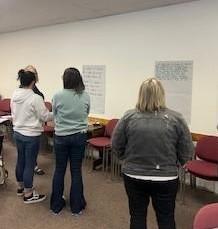 Teachers looking at prose posters on a wall